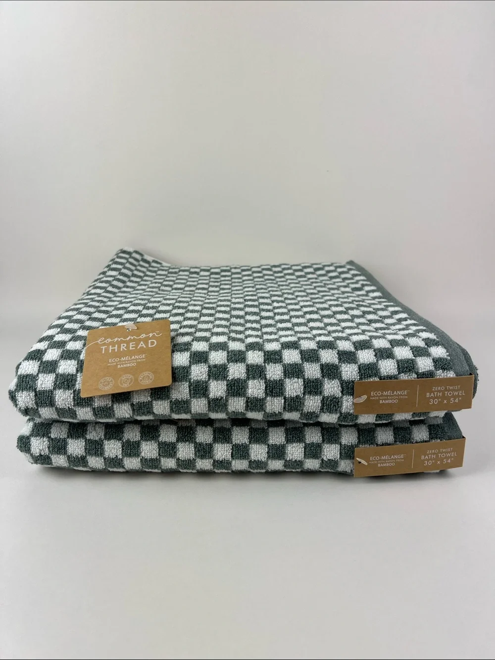 Common Thread Bamboo Eco-Mélange Bath Towels Checkerboard Green White 2 Pc NEW